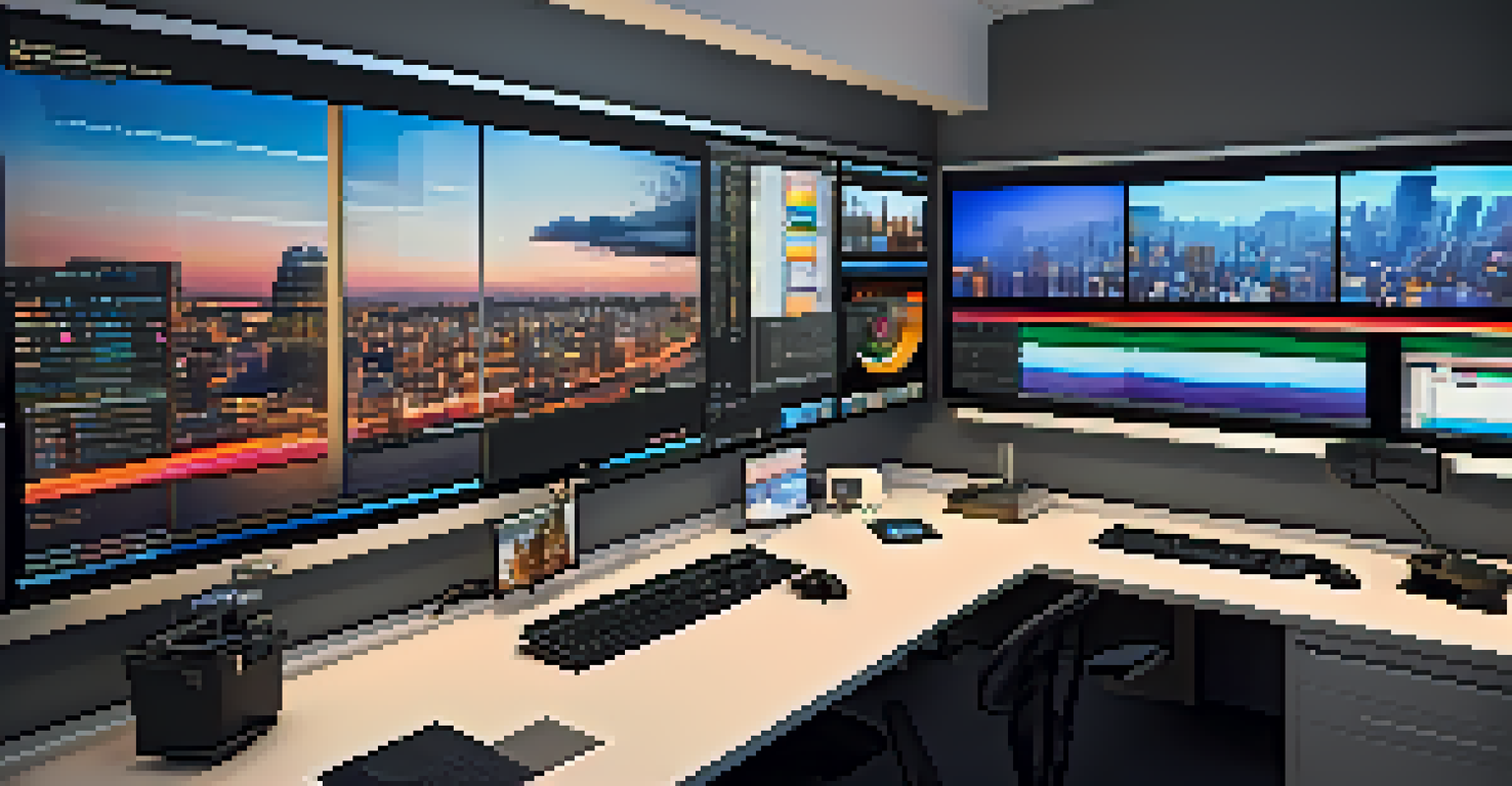 A modern digital editing suite with dual monitors, vibrant film scenes, and a bright cityscape view.