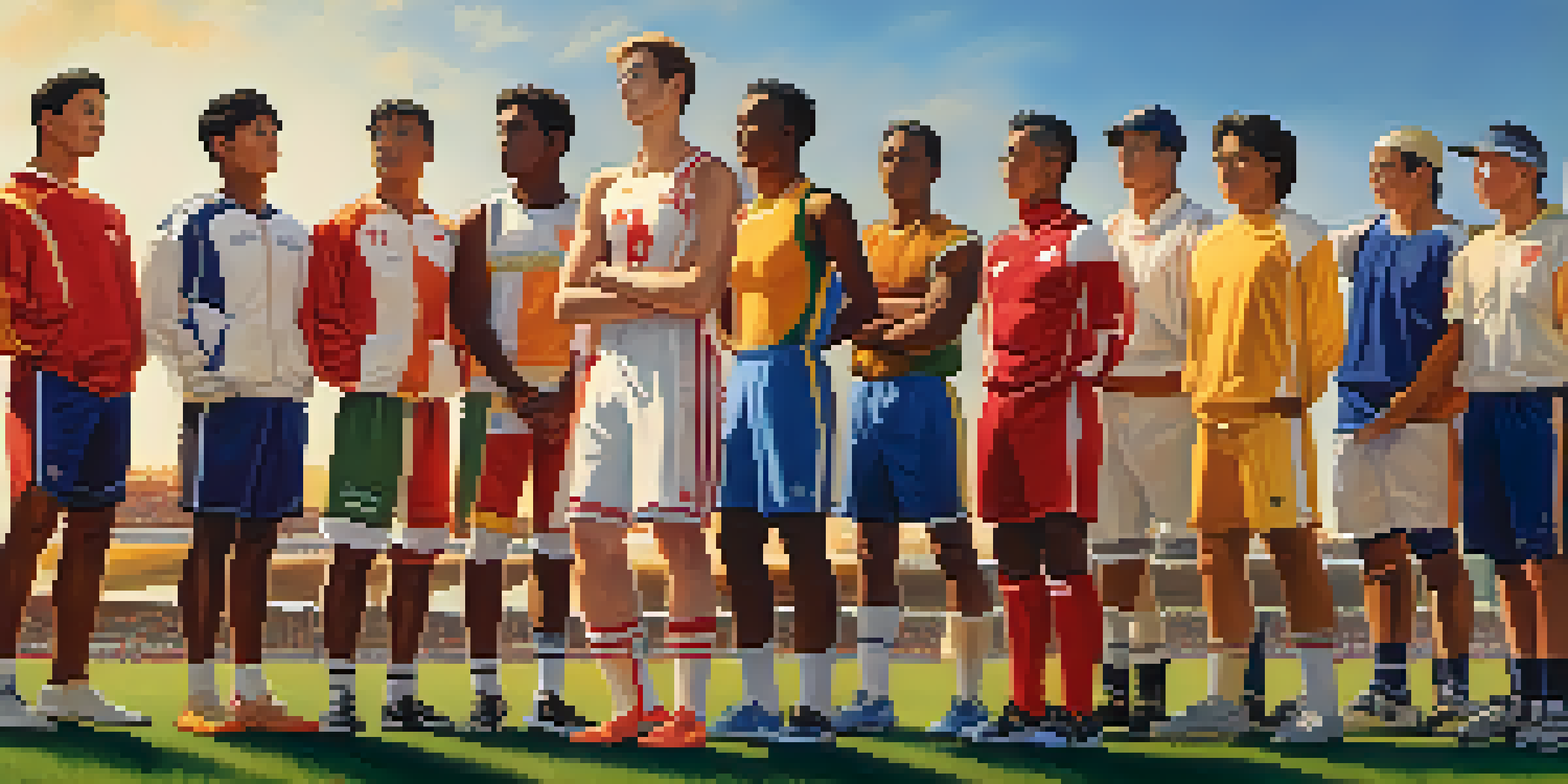 A diverse group of athletes in traditional sports attire standing together on a field during sunset, showcasing unity and camaraderie.