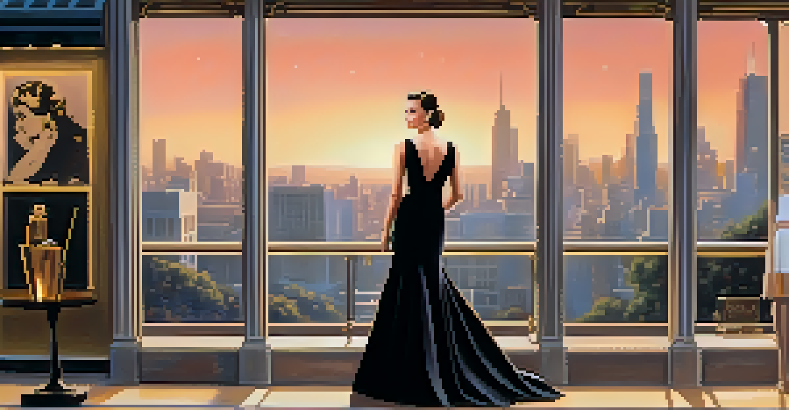 A character wearing a classic little black dress in front of a luxury jewelry store, with a city skyline at sunset.