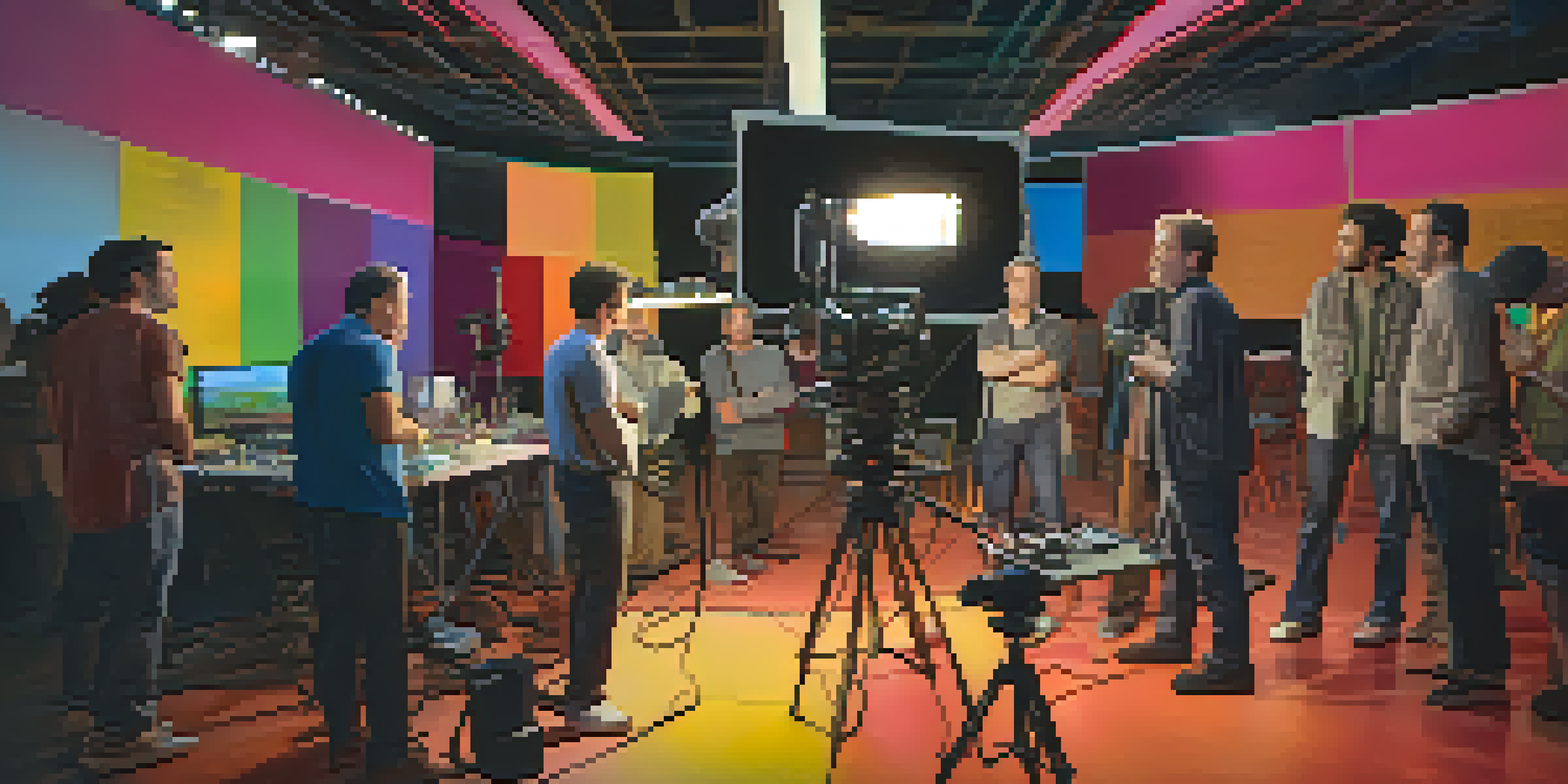 A film director engaging with actors on set, surrounded by colorful equipment and lighting, capturing a collaborative atmosphere.