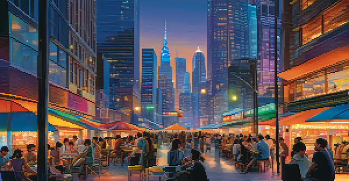 A lively modern cityscape at dusk with illuminated skyscrapers and people enjoying outdoor cafes.