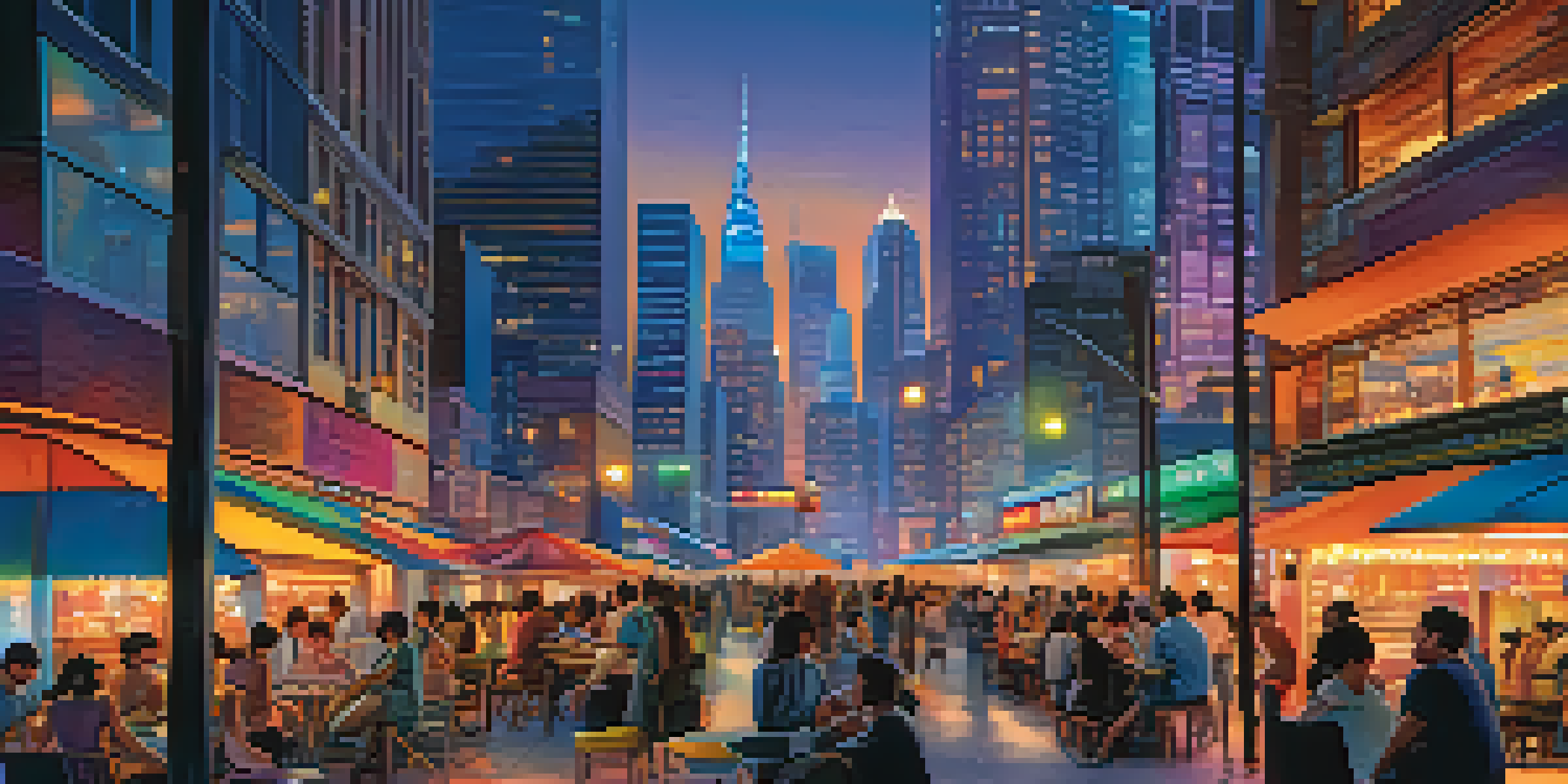 A lively modern cityscape at dusk with illuminated skyscrapers and people enjoying outdoor cafes.