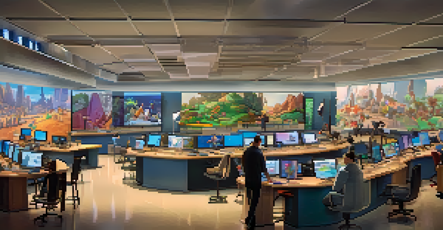 A modern animation studio blending traditional and CGI animation techniques, with animators working on screens.