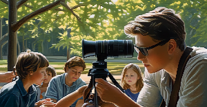 A documentary filmmaker using a handheld camera to capture children playing in a sunlit park, surrounded by trees and natural light.