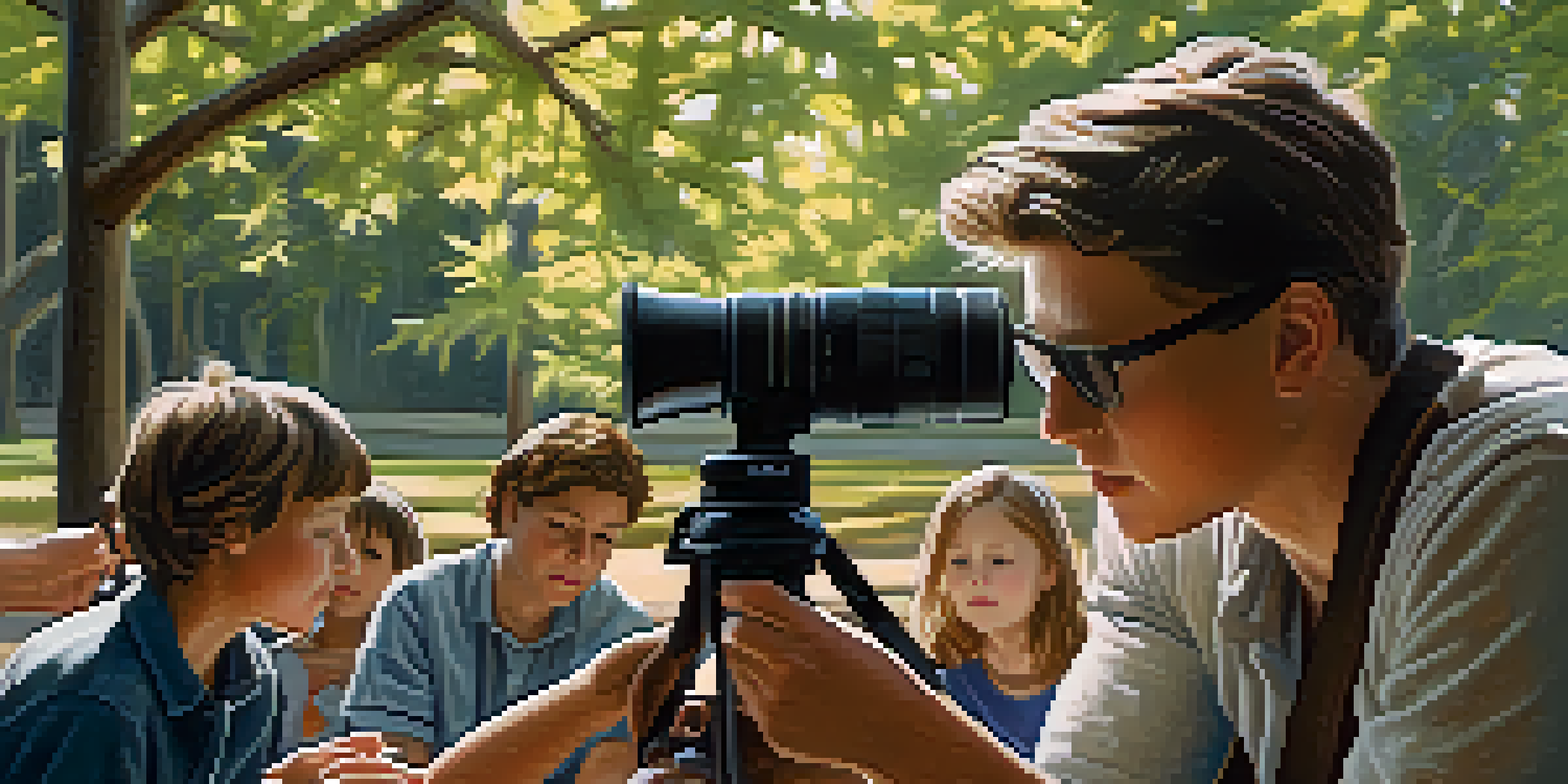 A documentary filmmaker using a handheld camera to capture children playing in a sunlit park, surrounded by trees and natural light.