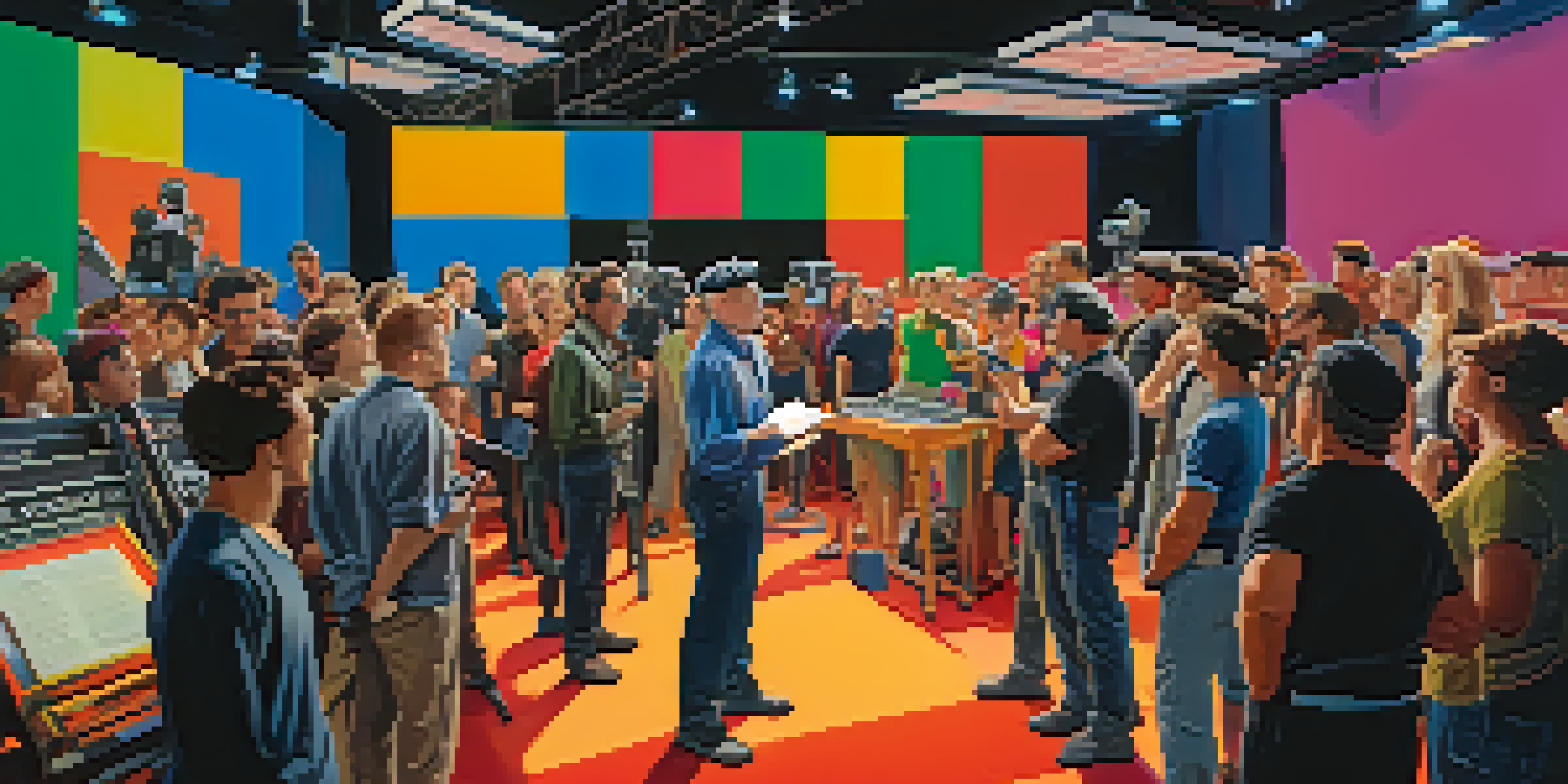 A film director on set, directing actors with a clipboard in hand amidst a busy film crew and colorful posters.