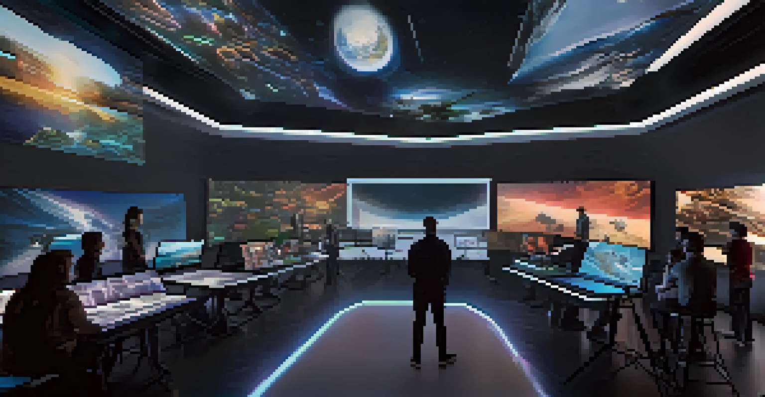 A futuristic filmmaking studio with filmmakers working on a virtual reality project amidst advanced digital technology.