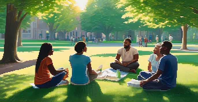 A diverse group of people sitting in a circle in a park, discussing mental health in a supportive environment under the sunlight.