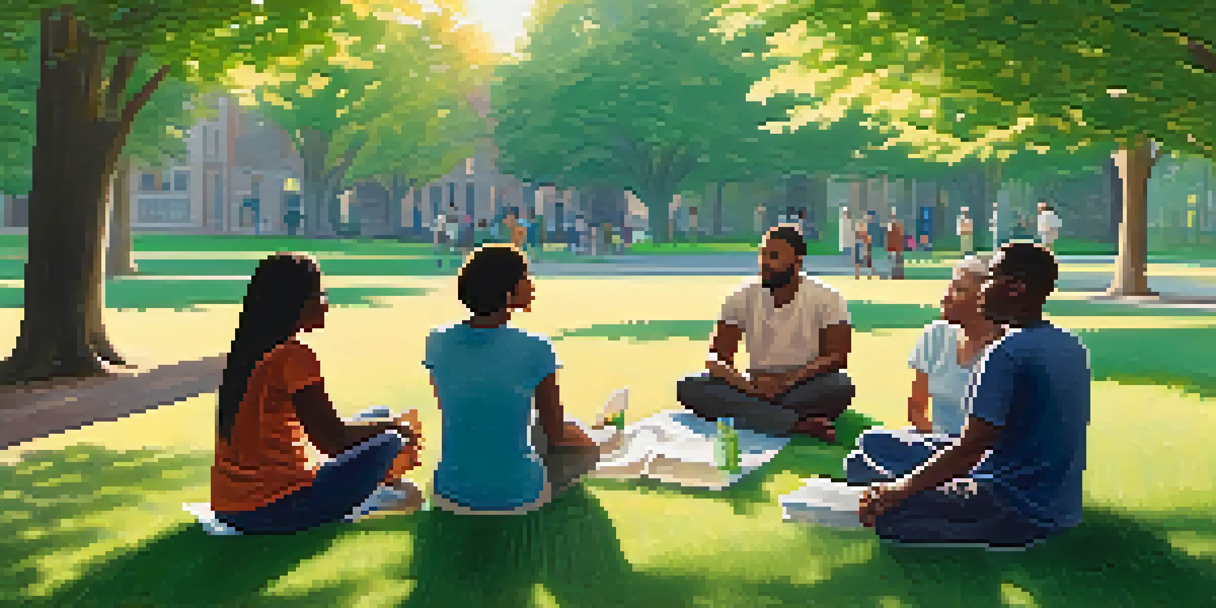 A diverse group of people sitting in a circle in a park, discussing mental health in a supportive environment under the sunlight.