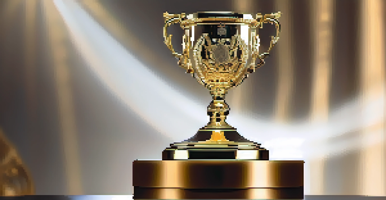 A detailed close-up of a shiny award trophy on a pedestal, illuminated by soft lights.