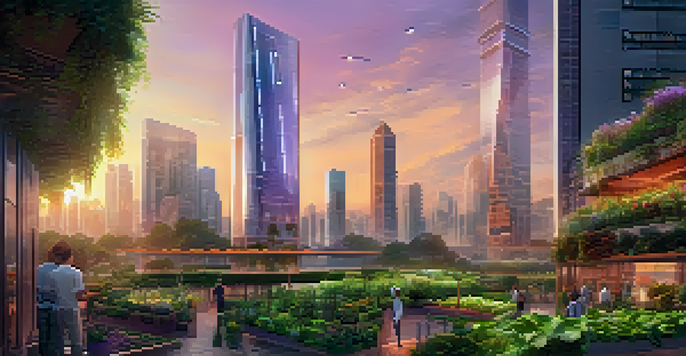 A vibrant futuristic city at sunset with green skyscrapers and people practicing sustainability.