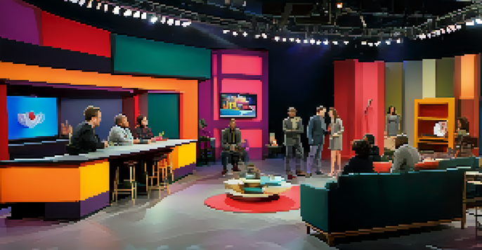 A diverse group of actors in a television studio discussing their series, surrounded by colorful lights and cameras.