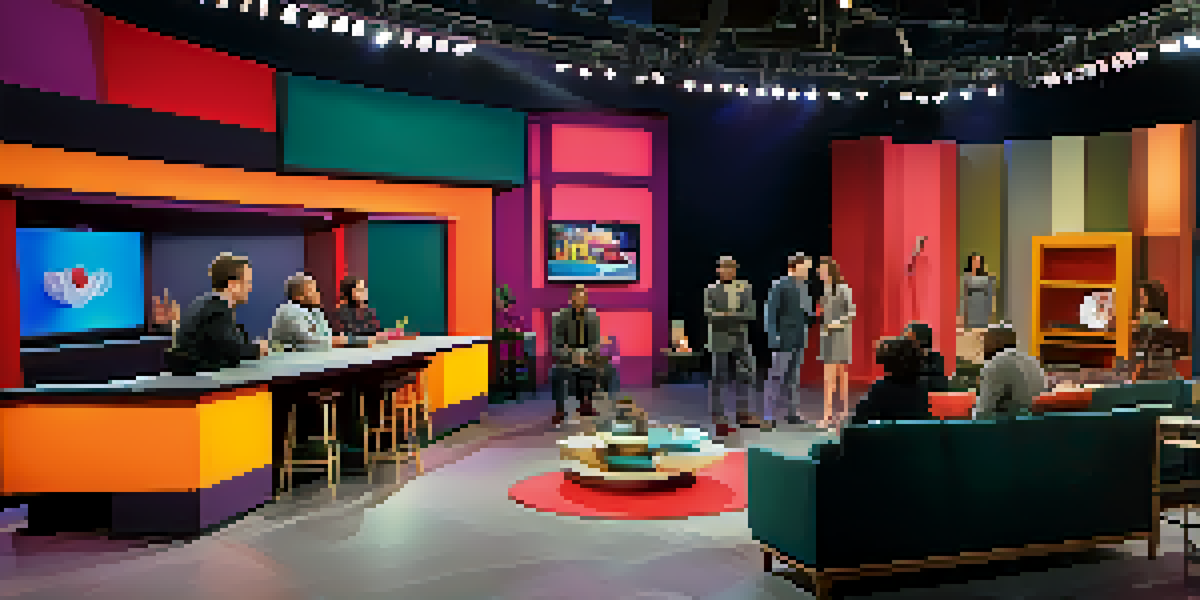 A diverse group of actors in a television studio discussing their series, surrounded by colorful lights and cameras.