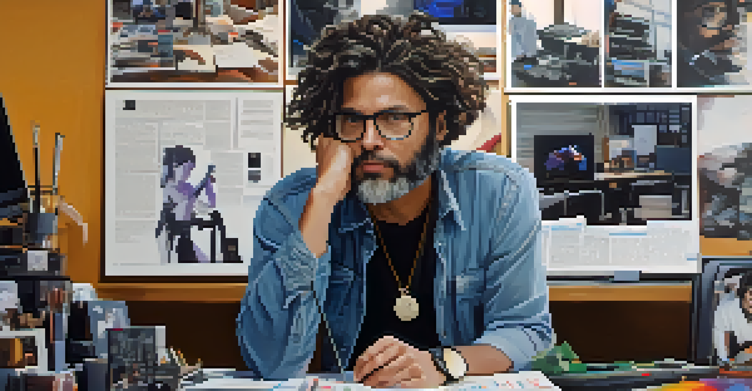 A filmmaker working in a creative space, analyzing footage on a computer, surrounded by film equipment and inspirational materials.