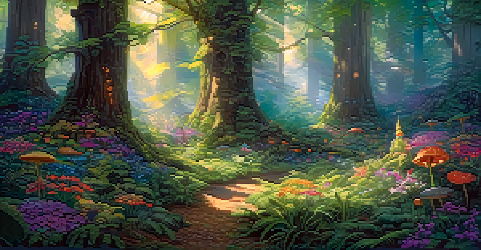 A magical forest glade with tall trees, colorful flowers, and glowing creatures, illuminated by soft sunlight.