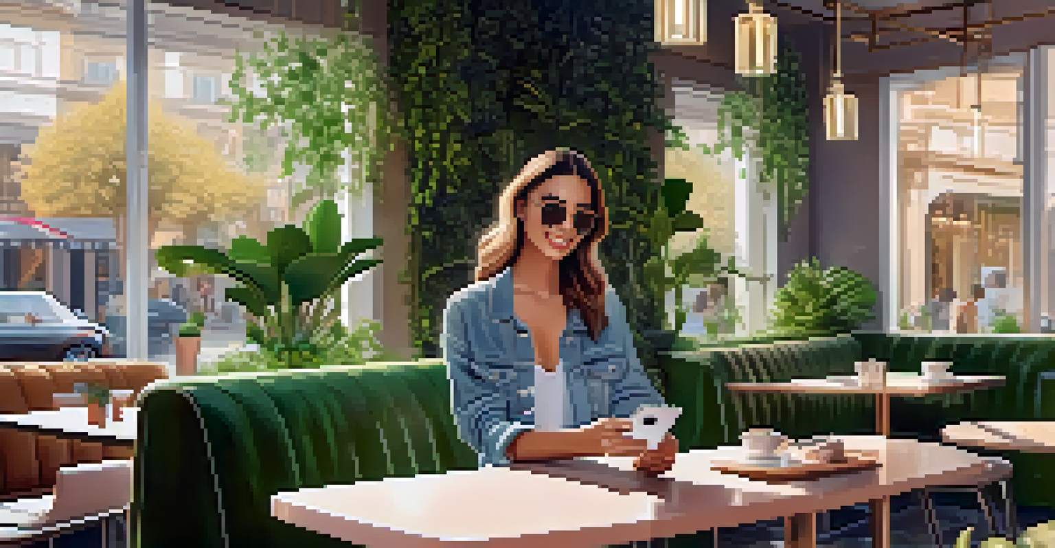 An influencer taking a selfie at a trendy café with greenery and stylish decor around them.