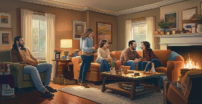 A family gathering in a warm living room with members laughing together, creating a joyful atmosphere.
