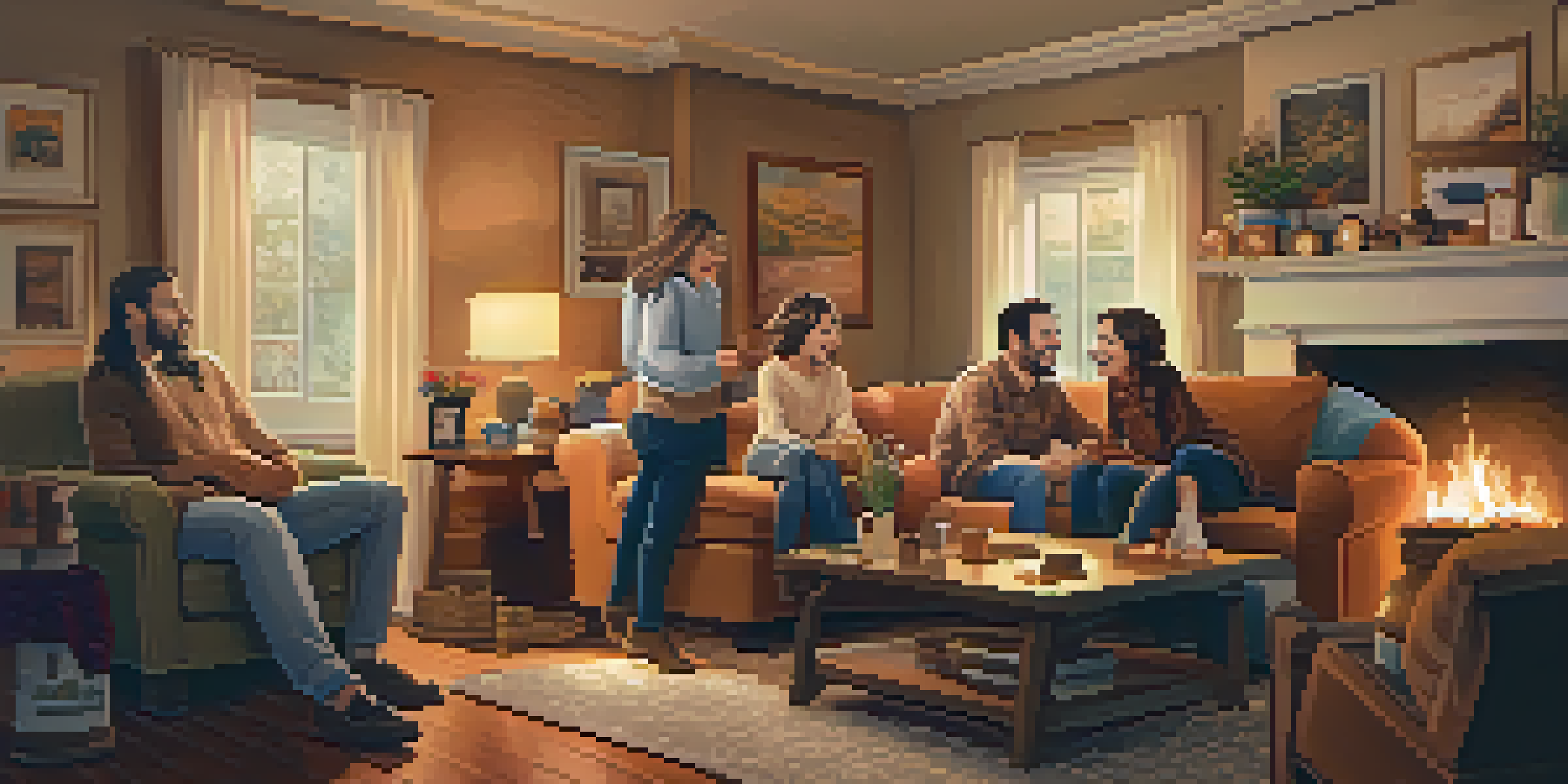 A family gathering in a warm living room with members laughing together, creating a joyful atmosphere.