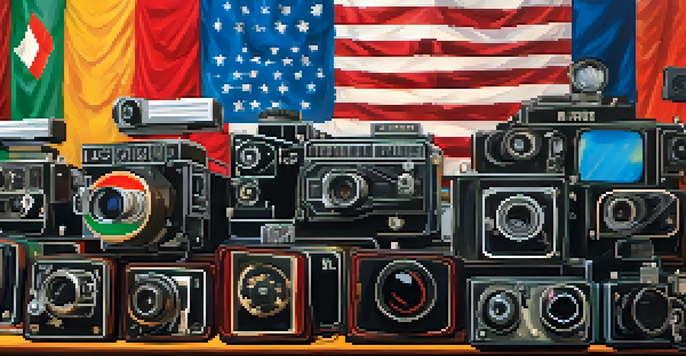 A diverse group of filmmakers working together on a film set, surrounded by cameras and equipment, with flags representing different countries in the background.