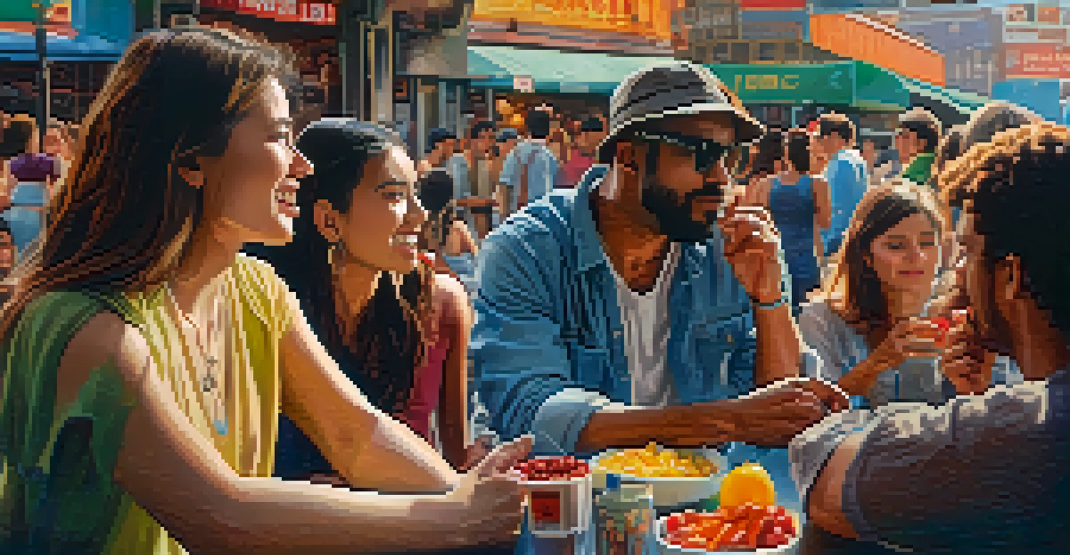 A candid moment in a marketplace, capturing diverse people interacting in an urban setting.