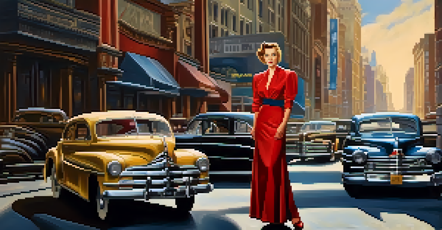 A strong female character in a dramatic pose, wearing a stylish 1940s outfit in front of a vintage city street backdrop.
