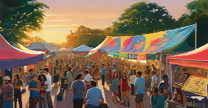 A lively outdoor film festival with a diverse crowd of filmmakers and movie lovers, colorful banners, and warm sunlight.