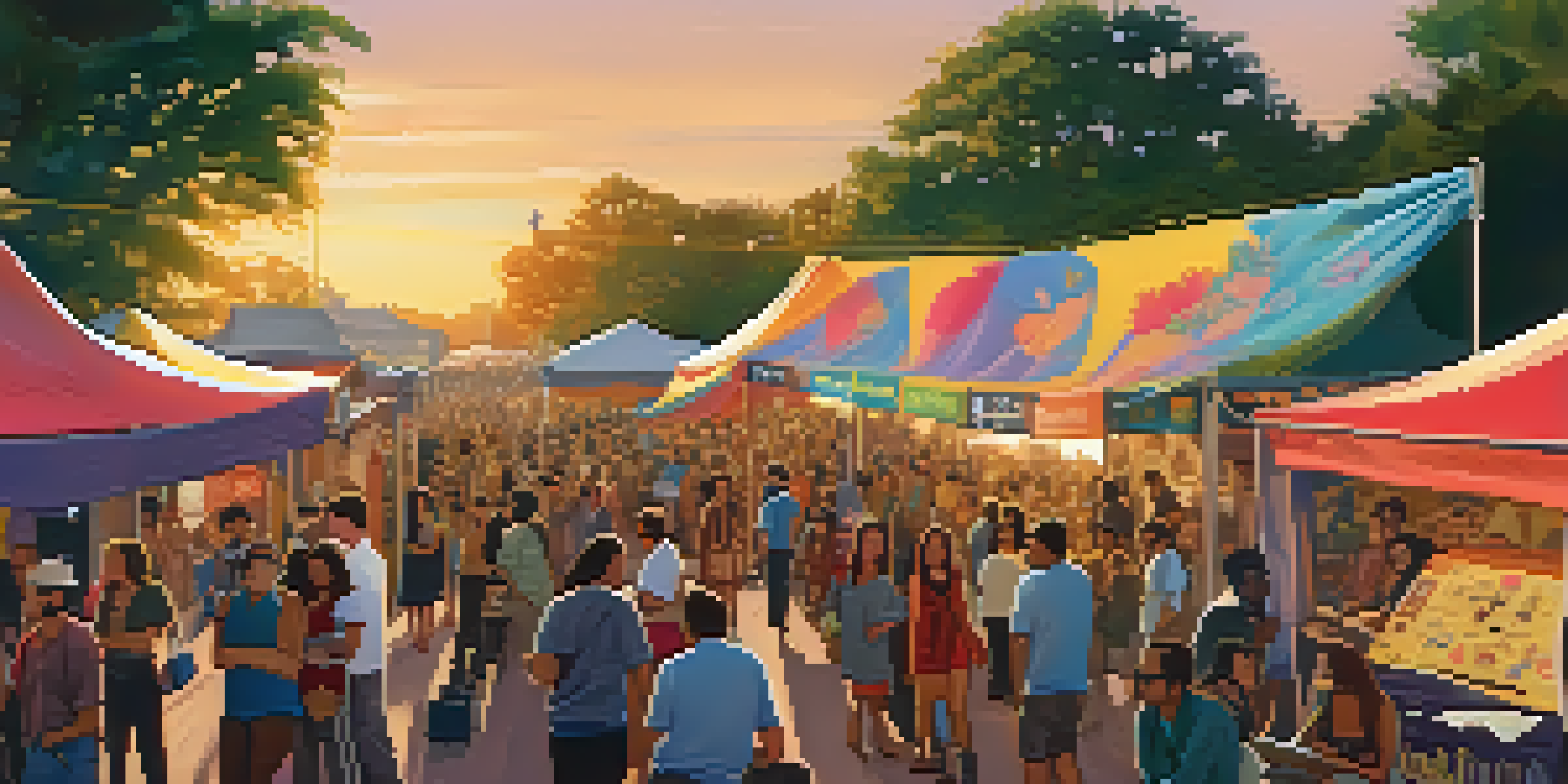 A lively outdoor film festival with a diverse crowd of filmmakers and movie lovers, colorful banners, and warm sunlight.