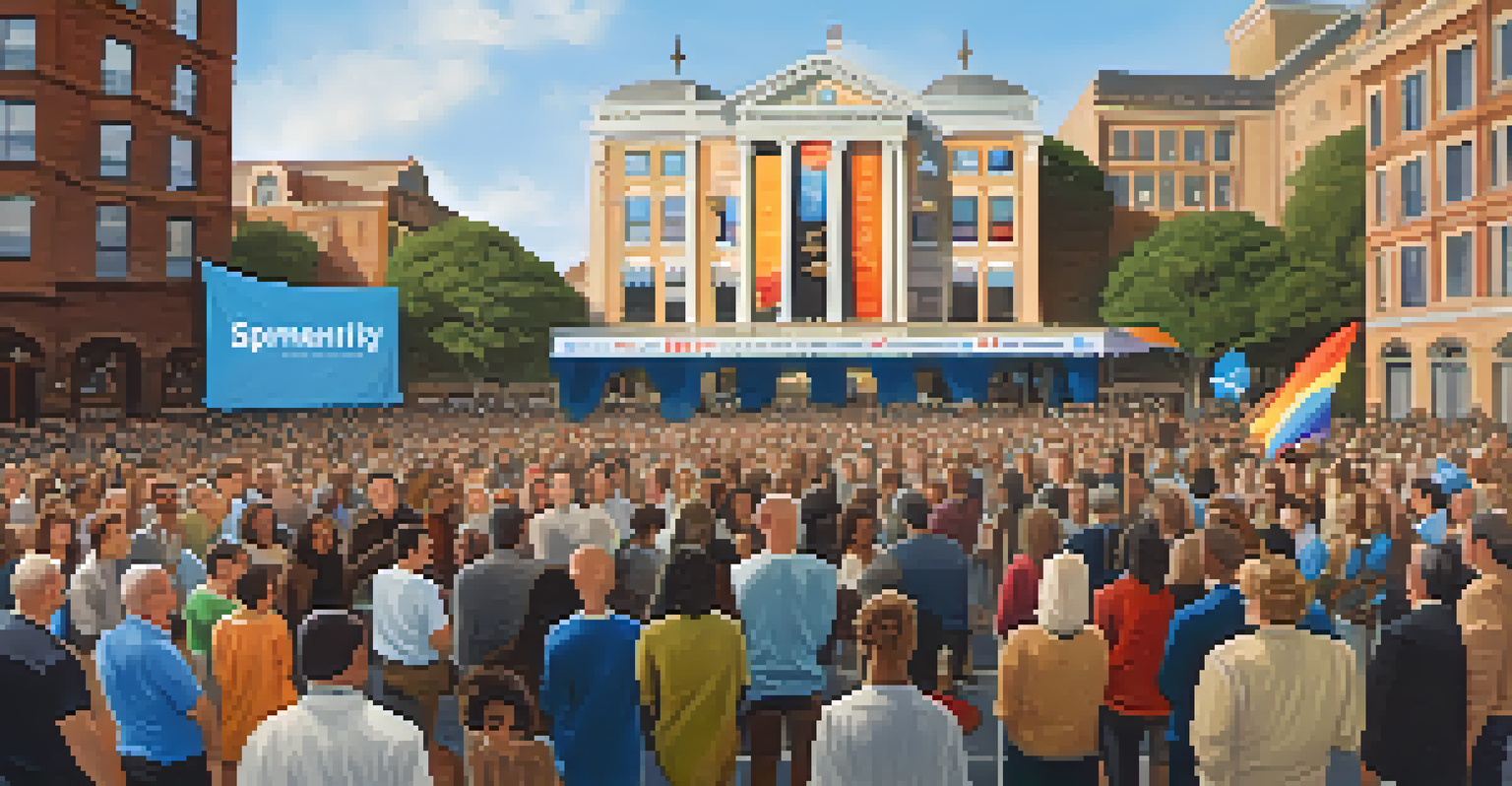 A town hall meeting with actors discussing important issues, with banners promoting diversity and inclusion in an outdoor setting.