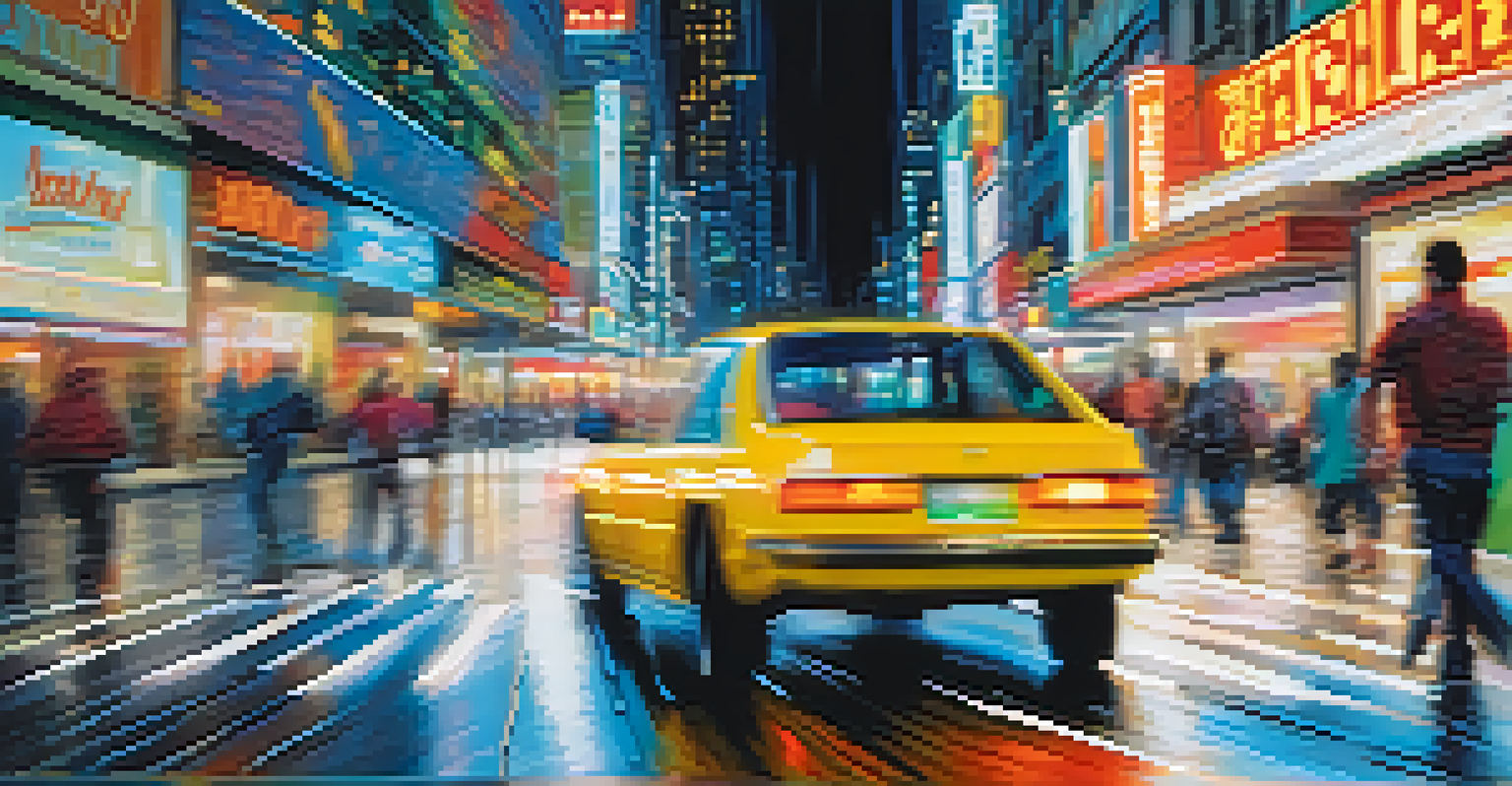 A hero sprinting through a bustling city street, with blurred motion and bright neon reflections on wet pavement, conveying energy and urgency.