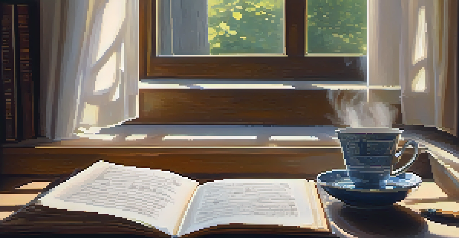 An open book with handwritten notes and religious symbols, beside a steaming cup of tea, illuminated by soft natural light.