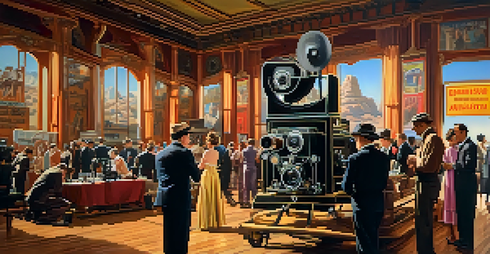 A vintage Hollywood film set with actors in classic costumes and crew members working on cameras and lights, illuminated by warm sunlight.
