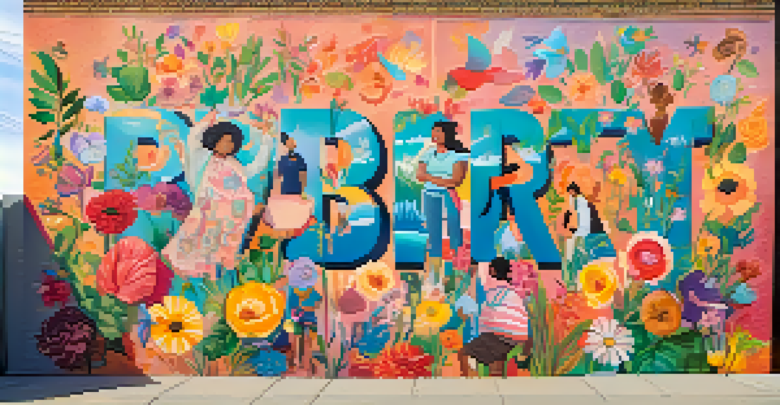 A colorful mural celebrating body positivity and mental health, showcasing diverse individuals and flowers.