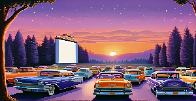 An outdoor drive-in theater with vintage cars, a large screen showing a classic film, and families enjoying snacks under warm fairy lights during sunset.