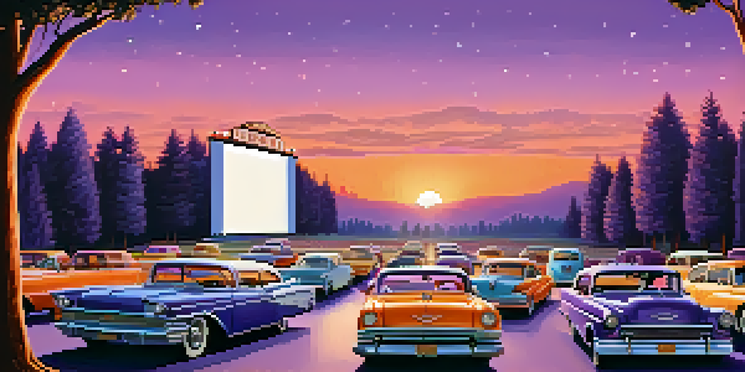 An outdoor drive-in theater with vintage cars, a large screen showing a classic film, and families enjoying snacks under warm fairy lights during sunset.