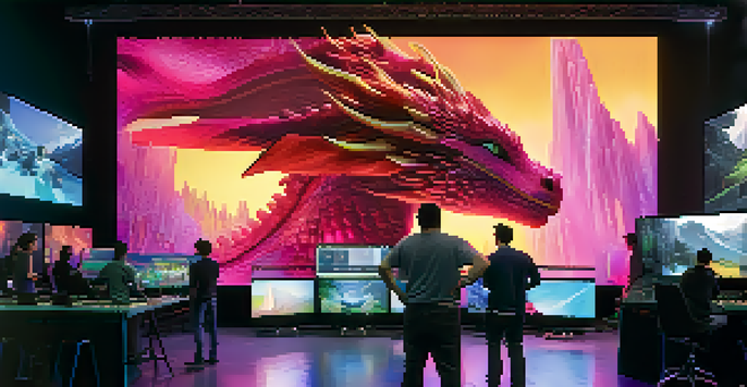 A busy film studio with visual effects artists working on CGI dragon animations with live actors, surrounded by colorful lights and advanced technology.