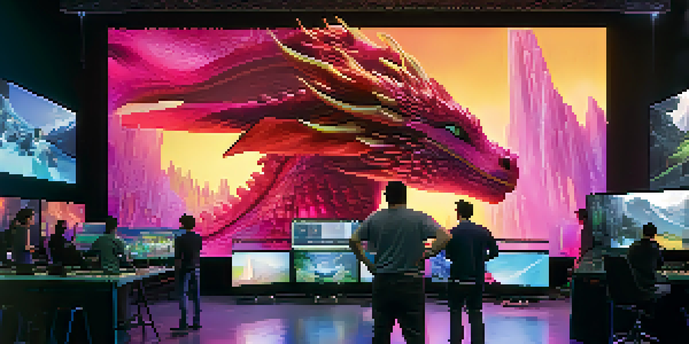 A busy film studio with visual effects artists working on CGI dragon animations with live actors, surrounded by colorful lights and advanced technology.