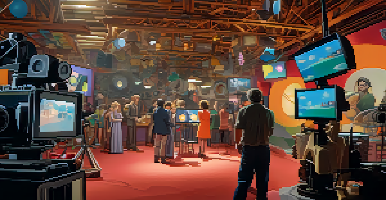 A film set where real people work alongside animated props and characters in a lively environment.