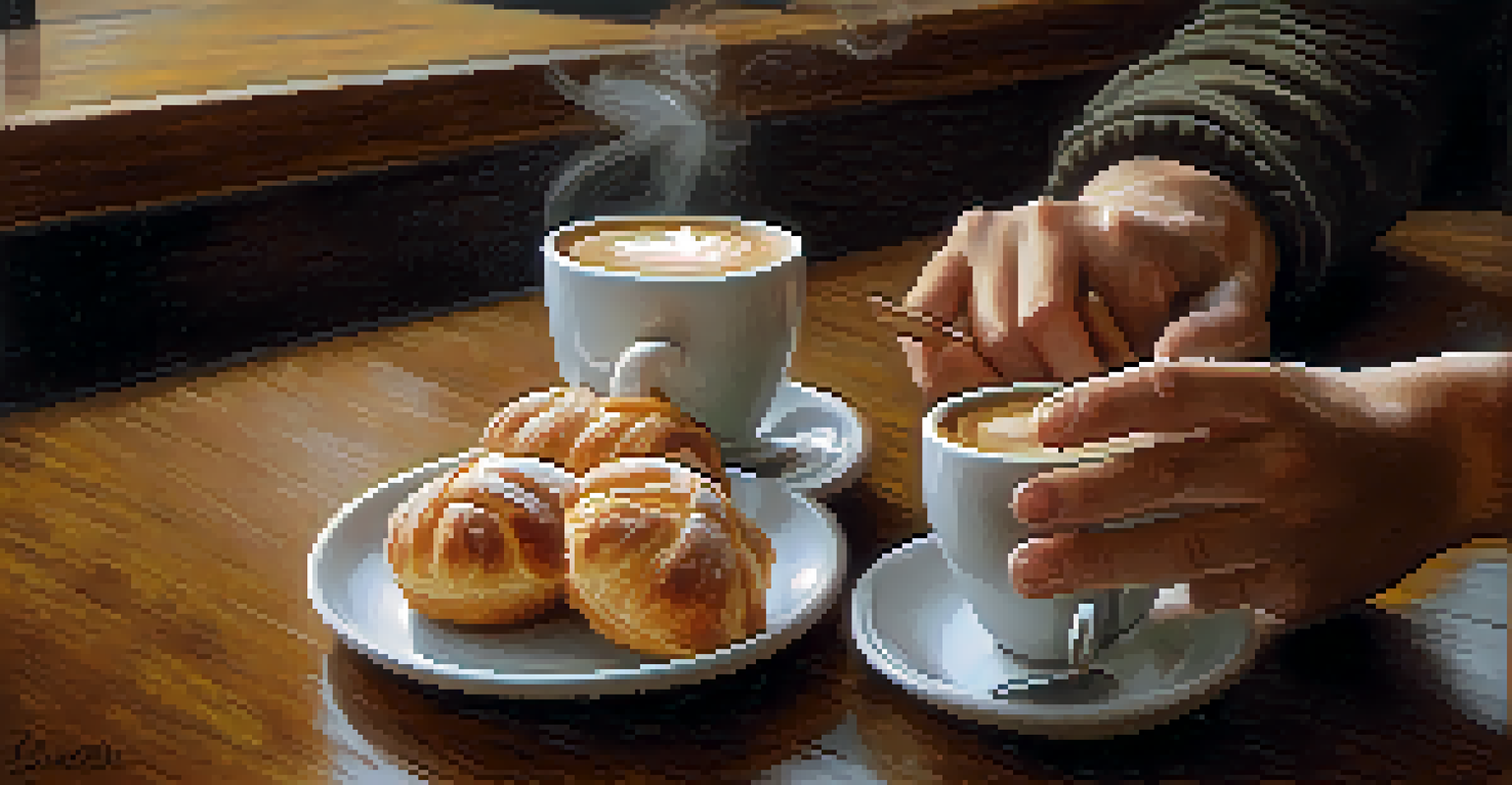 A close-up of two hands reaching across a table in a café, one holding a pastry and the other a coffee cup, with a warm and inviting atmosphere.