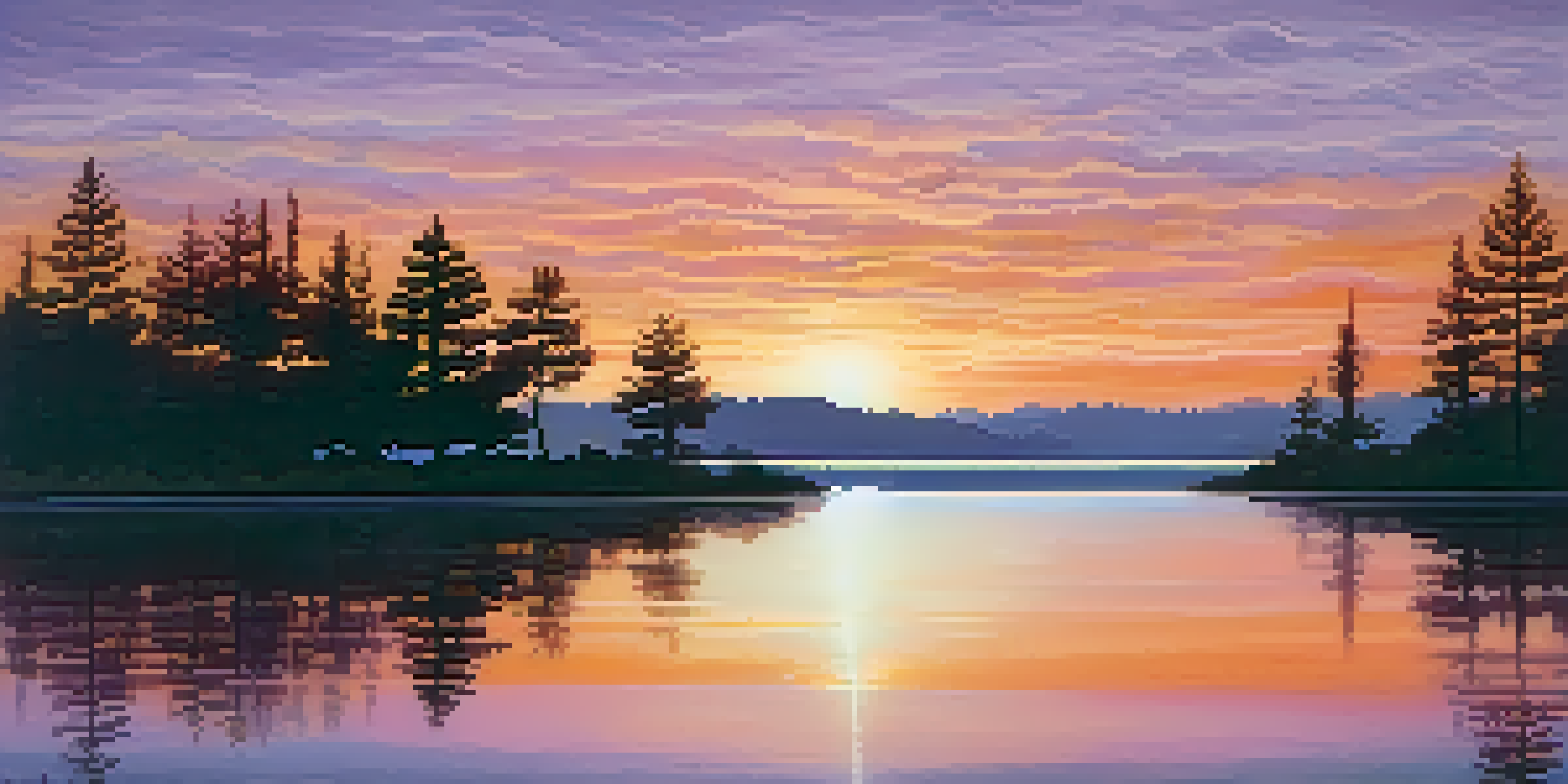 A peaceful lake at sunset with warm colors reflecting in the water and silhouetted trees around it.