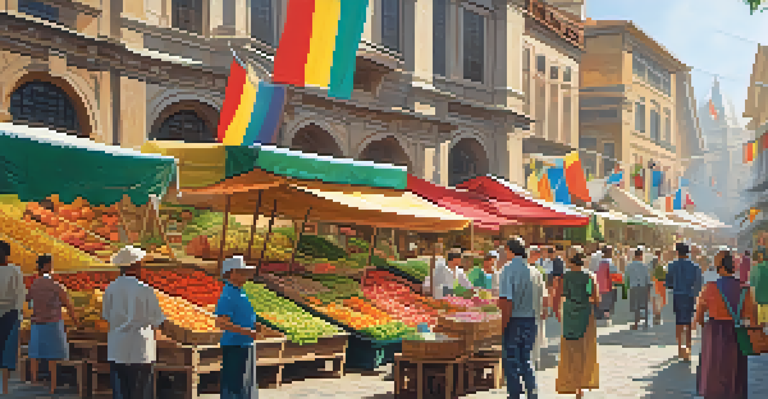 A lively outdoor market filled with colorful fruits and vegetables, bustling people, and historical buildings in the background.