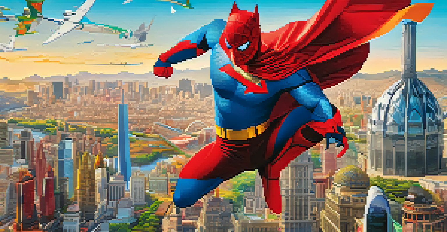 A movie poster showcasing a superhero in front of global landmarks, representing cultural diversity with vibrant colors and action poses.