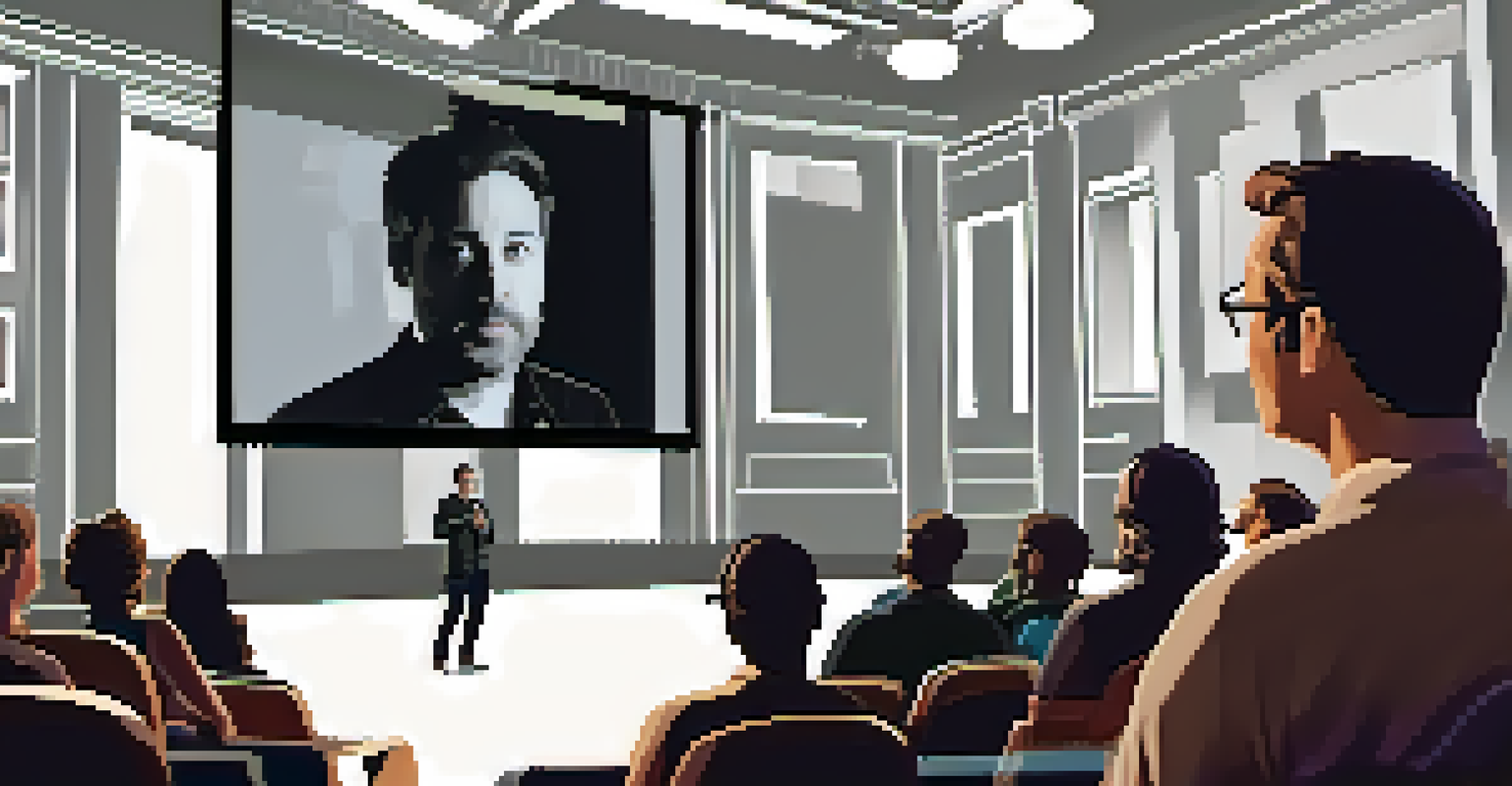 A close-up of a filmmaker passionately speaking during a Q&A session at a film festival with an engaged audience and a projection screen in the background.