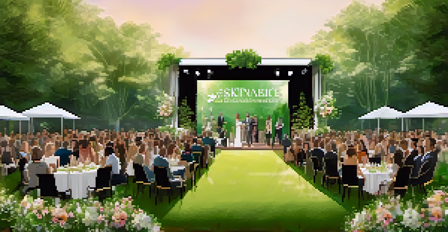 An outdoor award show setup featuring a stage made of recycled materials, surrounded by greenery and attendees in sustainable fashion.