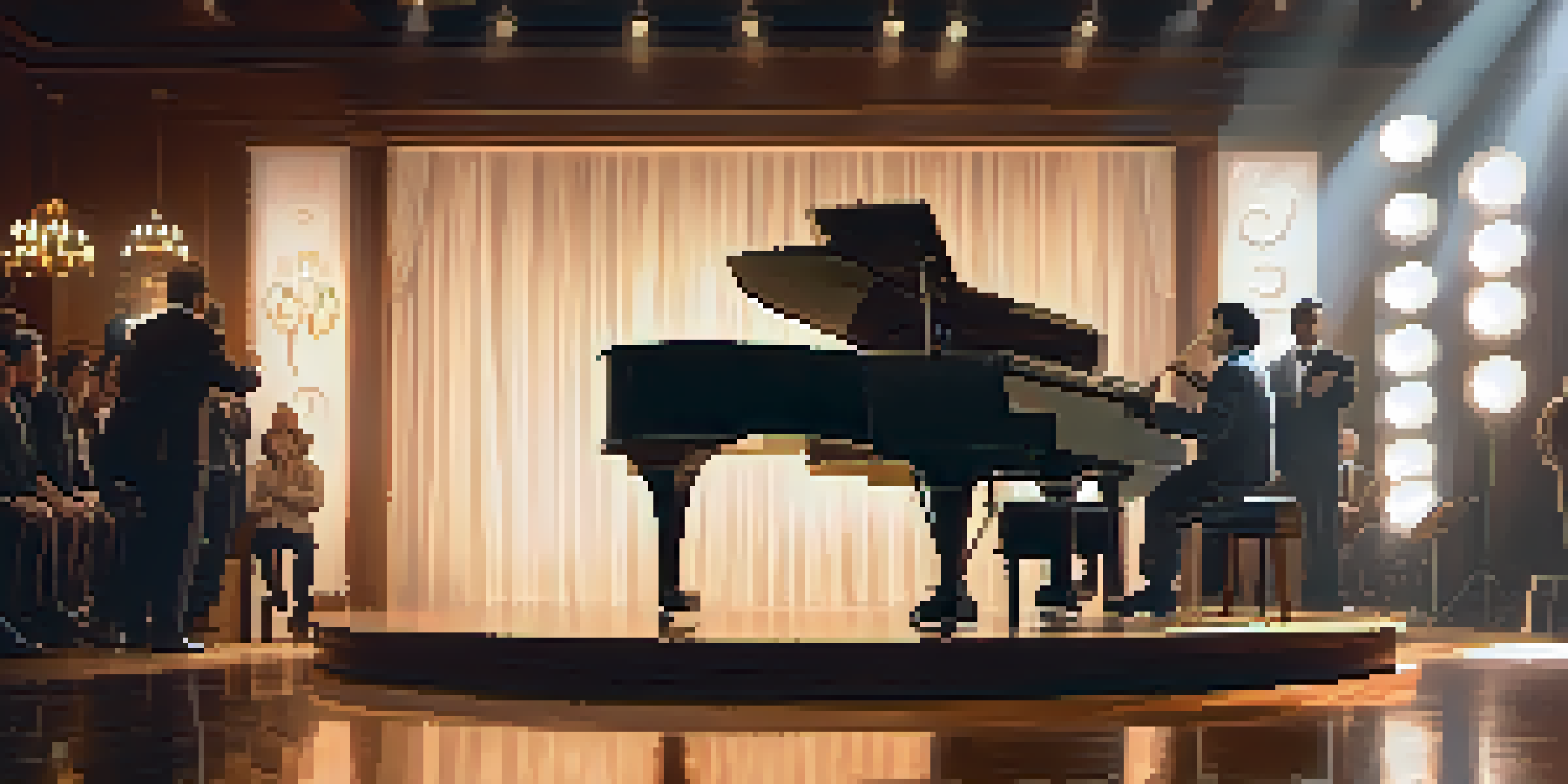 A musician playing a grand piano on a dimly lit stage with warm spotlight beams, evoking nostalgia and emotion.
