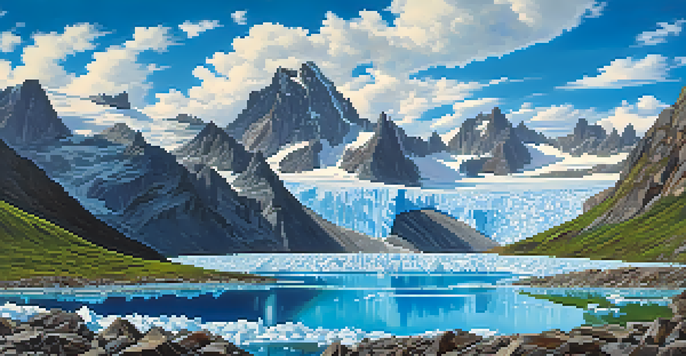 A beautiful landscape of a melting glacier with blue ice, dark mountains, and a reflective water pool, highlighting nature's fragility.