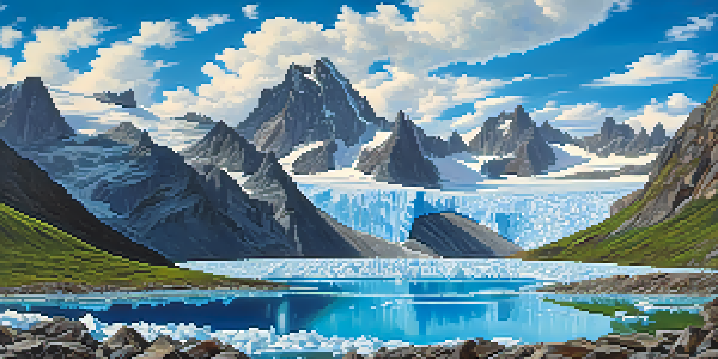 A beautiful landscape of a melting glacier with blue ice, dark mountains, and a reflective water pool, highlighting nature's fragility.