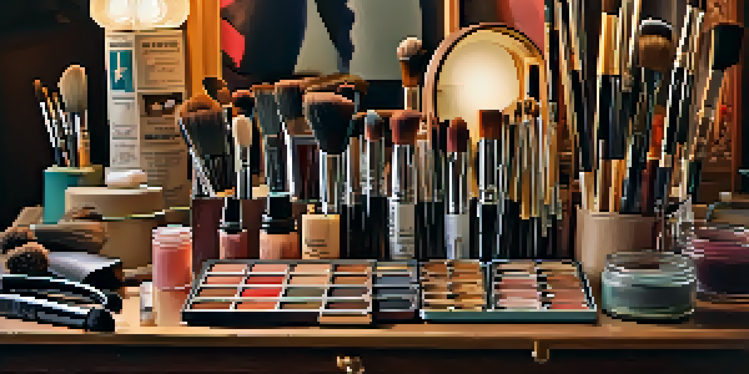 A vintage make-up artist's workspace showcasing colorful palettes and brushes in warm lighting.