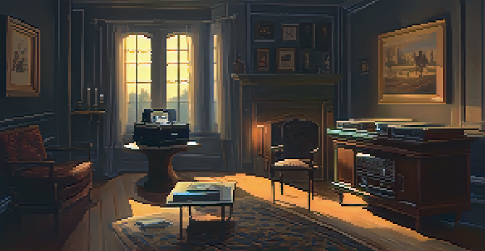 A dimly lit room with an old record player, shadows from flickering candles, and a mysterious figure in the background.