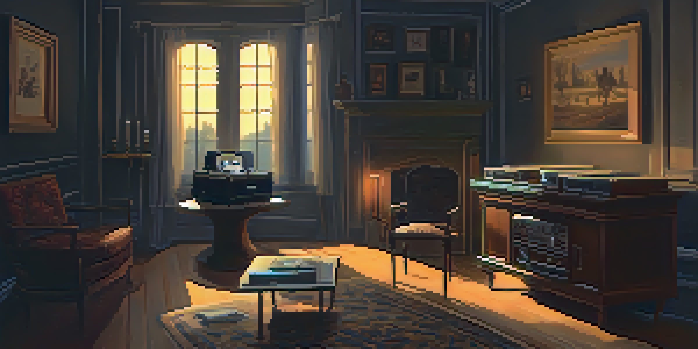 A dimly lit room with an old record player, shadows from flickering candles, and a mysterious figure in the background.