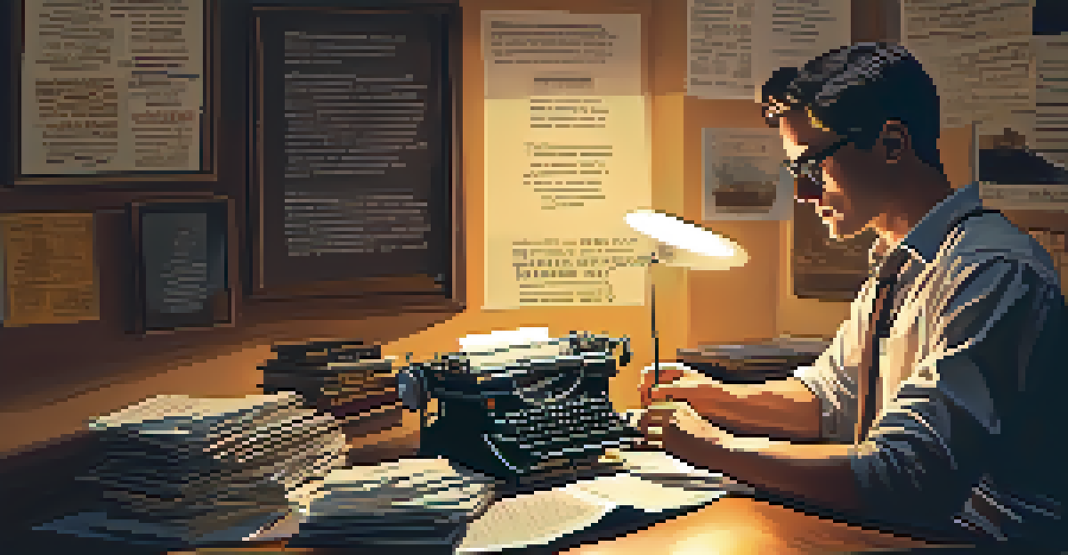 A screenwriter typing on a vintage typewriter in a dimly lit room with scattered papers and a film projector.